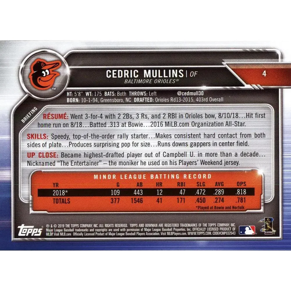 2019 Bowman Cedric Mullins RC #4 Baltimore Orioles